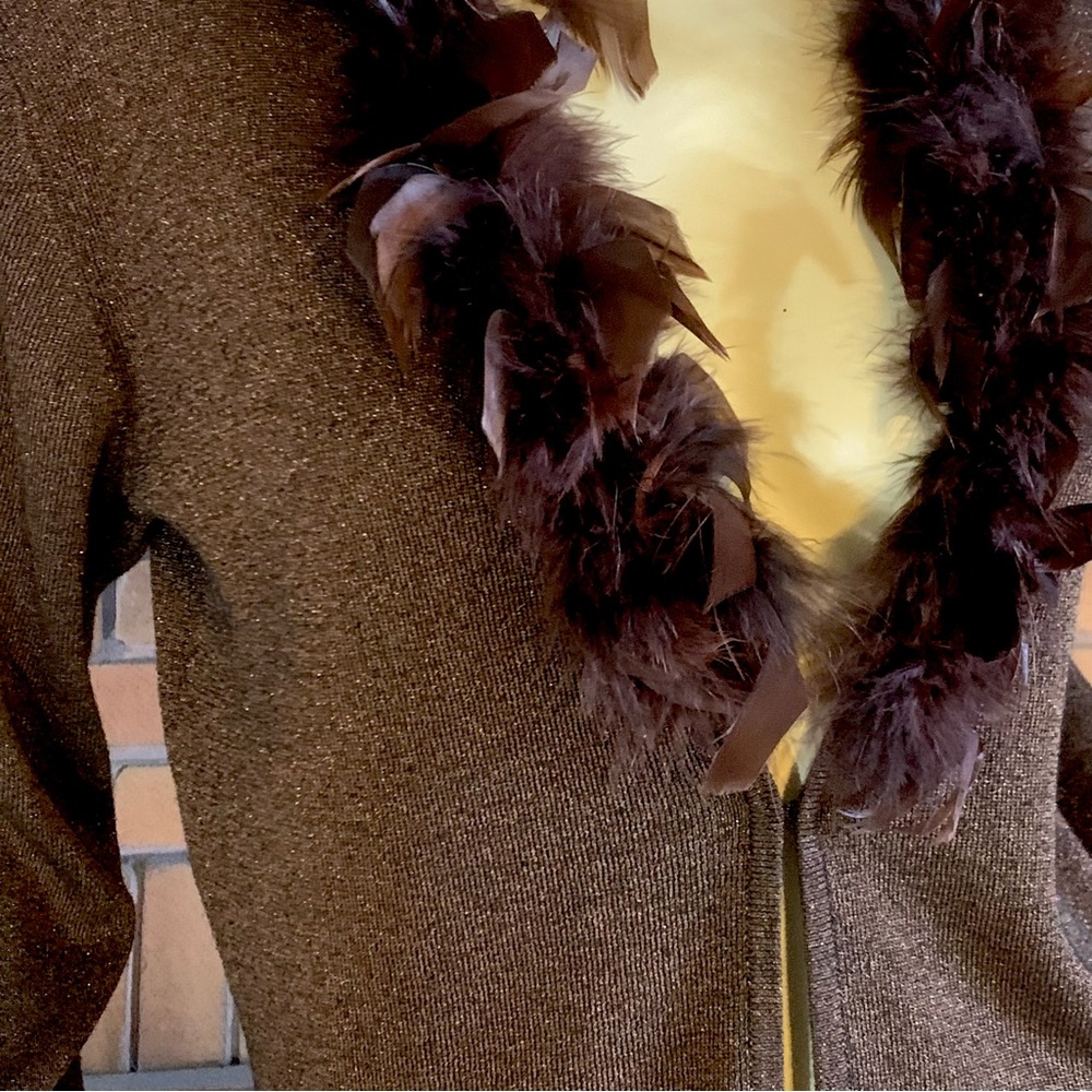 VINTAGE Y2K DRESSBARN BROWN W/METALLIC THREAD CARDIGAN W/FAUX FEATHER COLLAR (M) - Picture 9 of 14